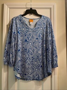 Ruby Rd. Blue & White Floral Dot V-Neck Tunic